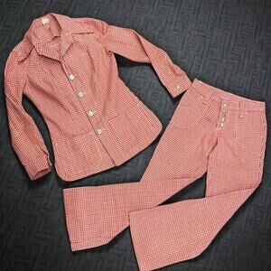 Vintage 1960s/70s Orange Gingham Two Piece Set Bell Bottom Pants Jacket Outfit